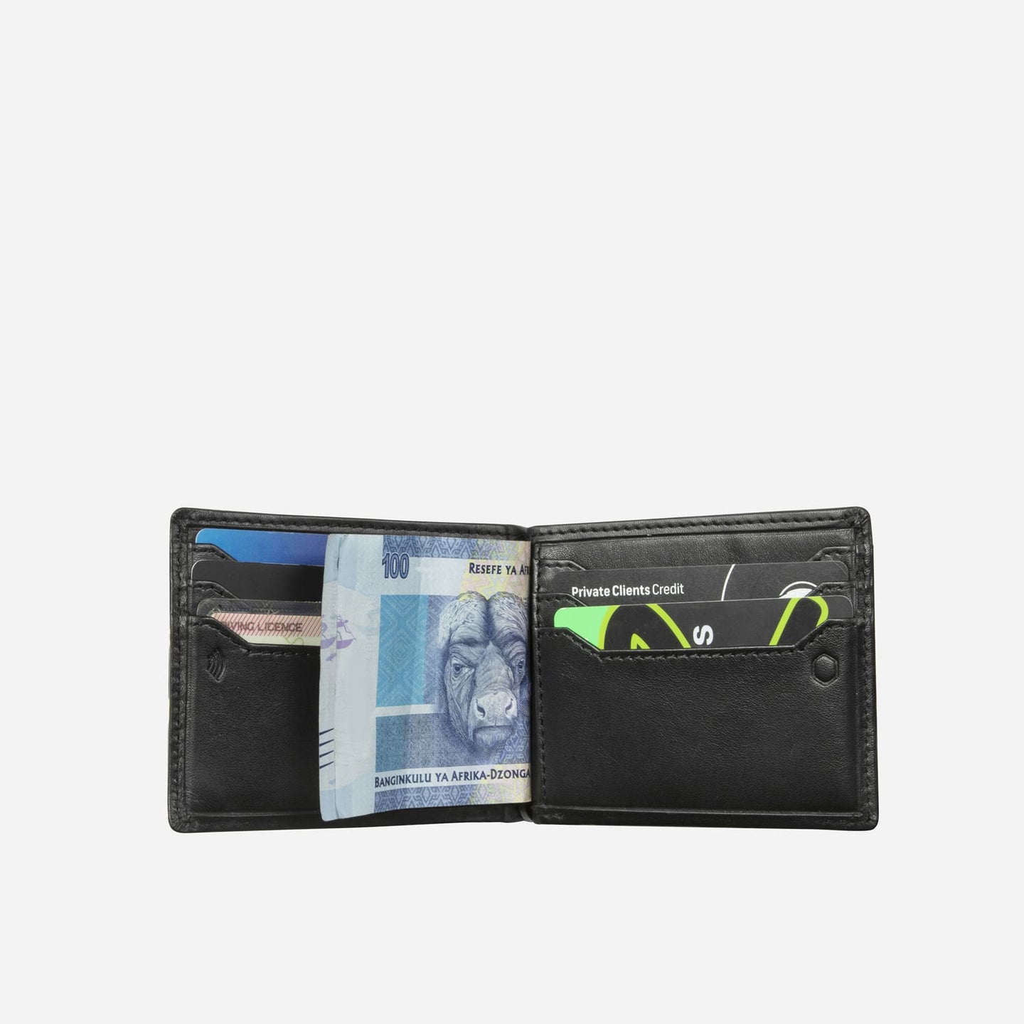 Jekyll and Hide - Leather Money Clip Wallet - Mocha | Black | Camo Black | Tan open showing cash and cards.