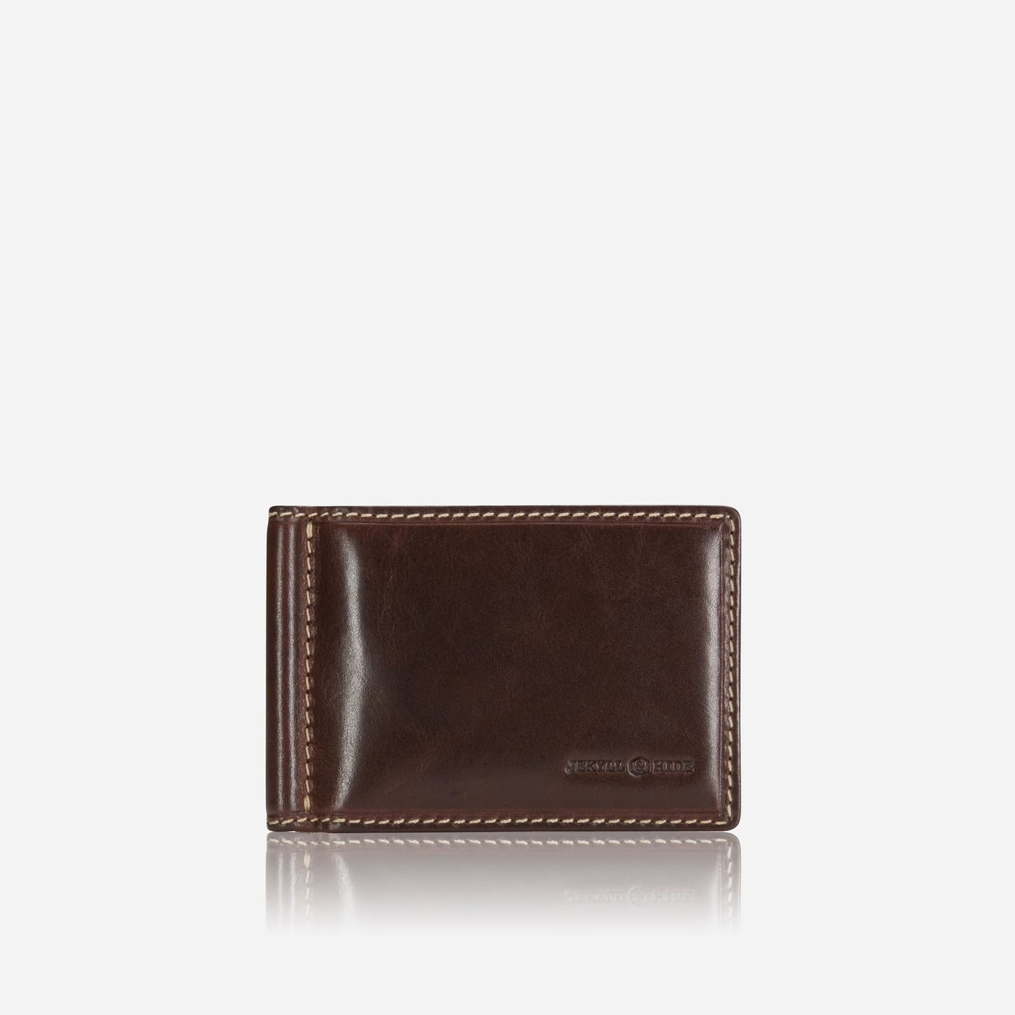 Jekyll and Hide - Leather Money Clip Wallet - Mocha | Black | Camo Black | Tan in rich brown leather with contrast stitching.