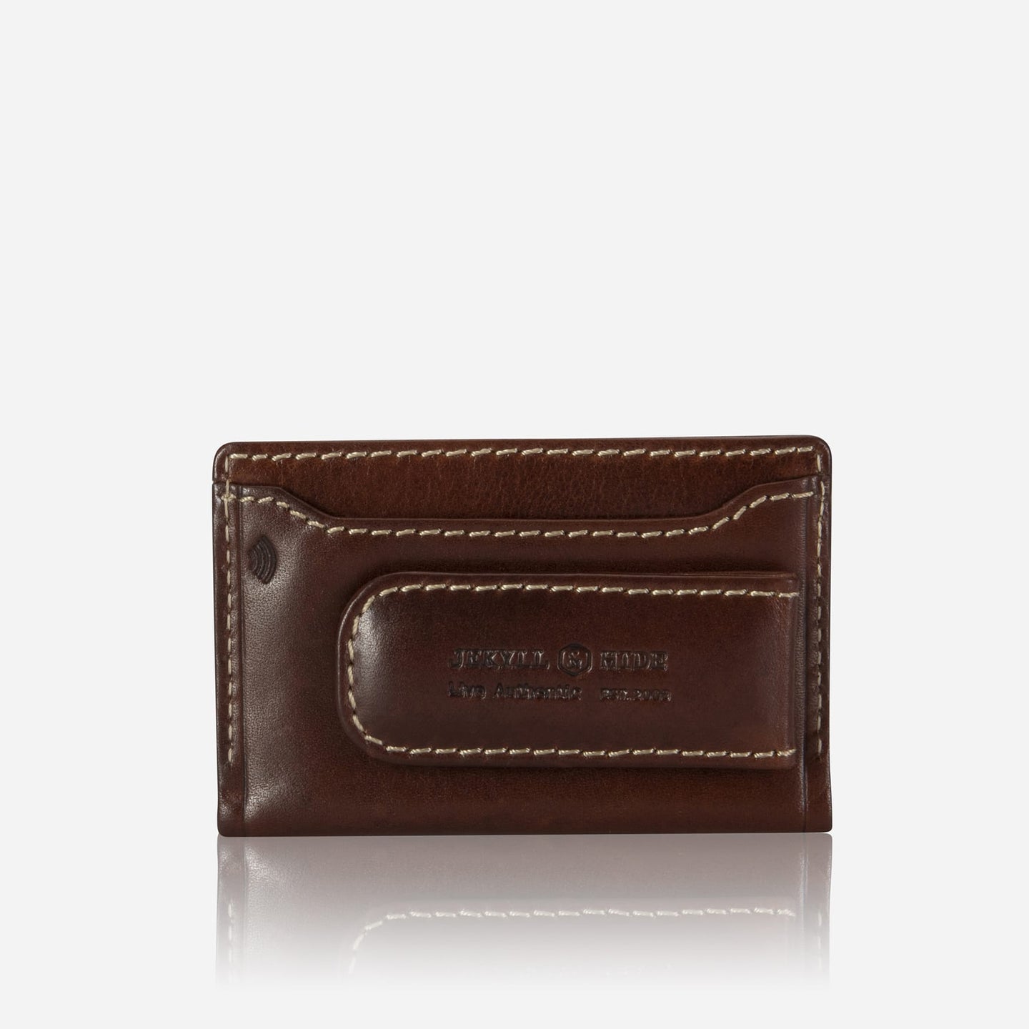 Jekyll and Hide - Money Clip Card Holder - Black | Mocha | Tan, brown leather wallet with card slots and stitching.