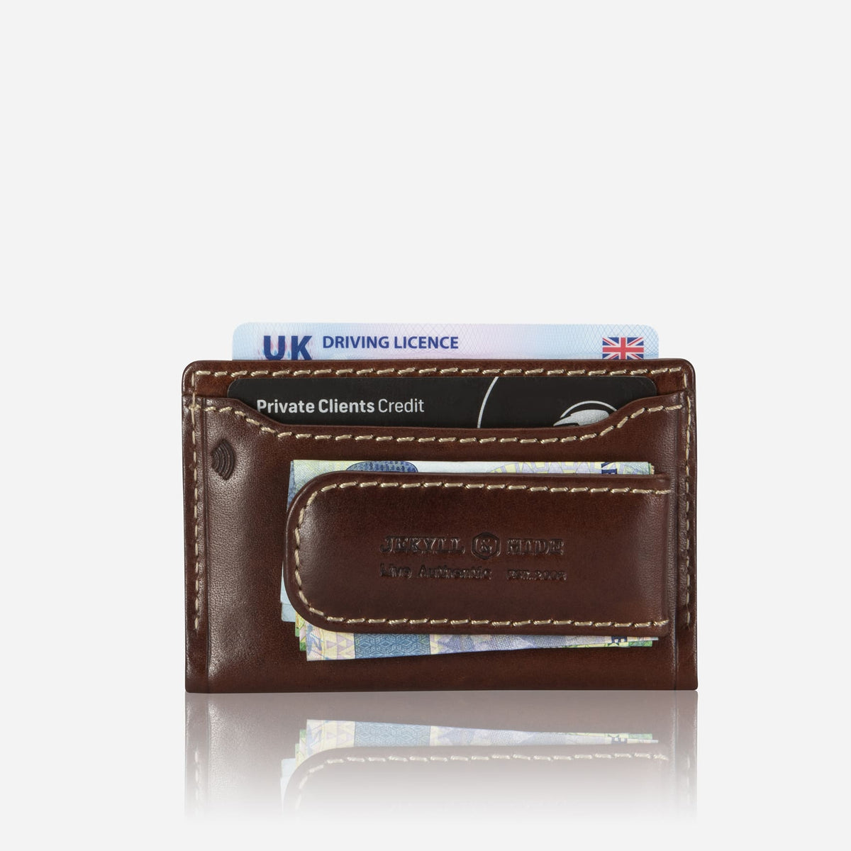 Jekyll and Hide - Money Clip Card Holder - Black | Mocha | Tan with cards displaying in a sleek, brown leather design.