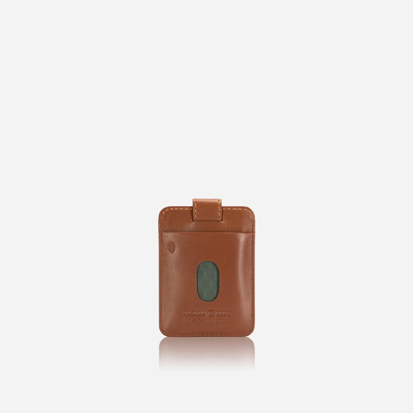 Jekyll and Hide - Compact Tab Card Holder - Black | Mocha | Tan in brown leather, designed for credit cards with RFID protection.