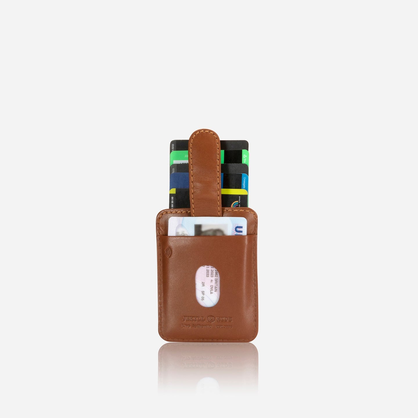 Jekyll and Hide - Compact Tab Card Holder - Black | Mocha | Tan displaying credit cards in a stylish tan leather design.