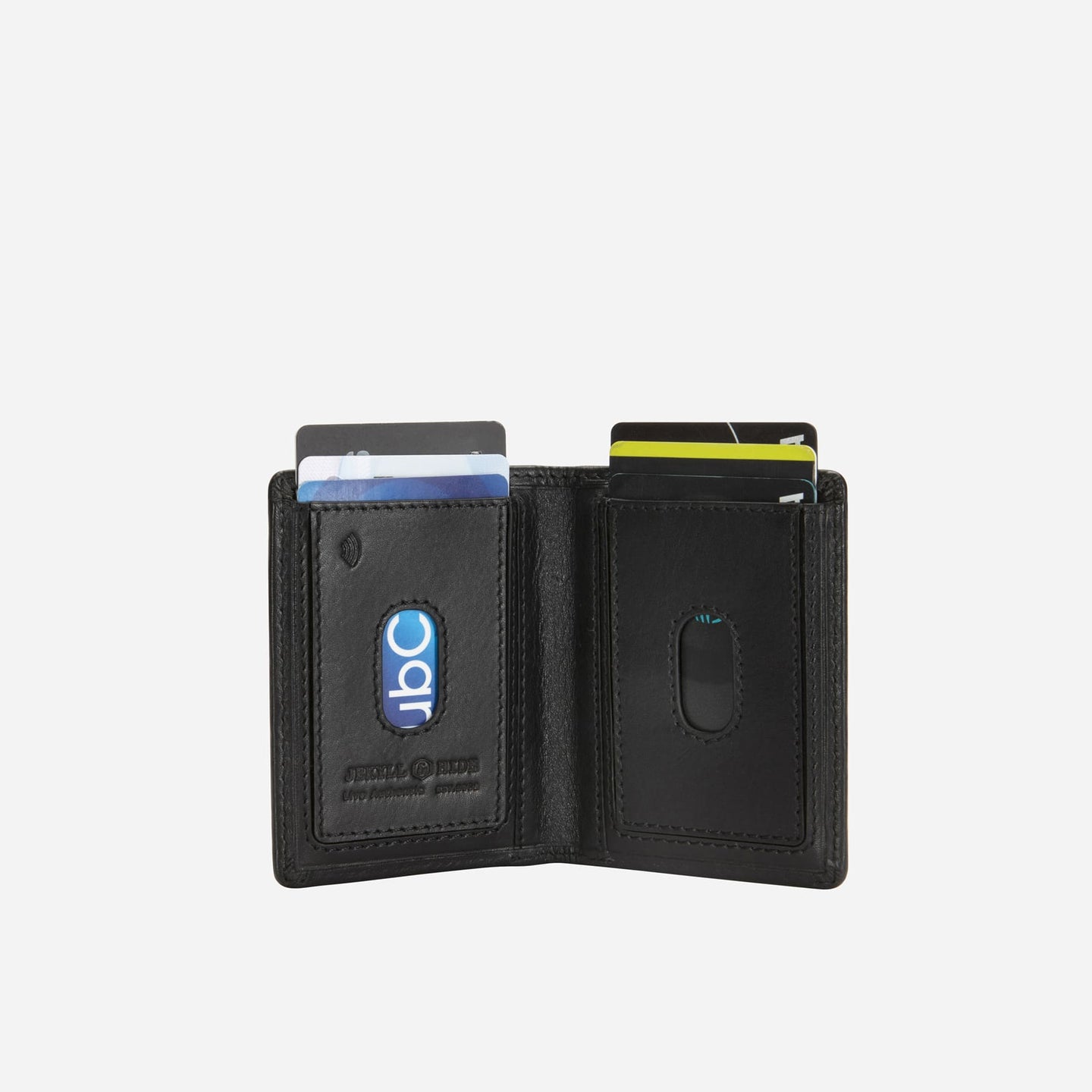 Jekyll & Hide - Slim Elasticated Card Holder - Mocha | Black | Tan inner view showcasing card slots and RFID feature.