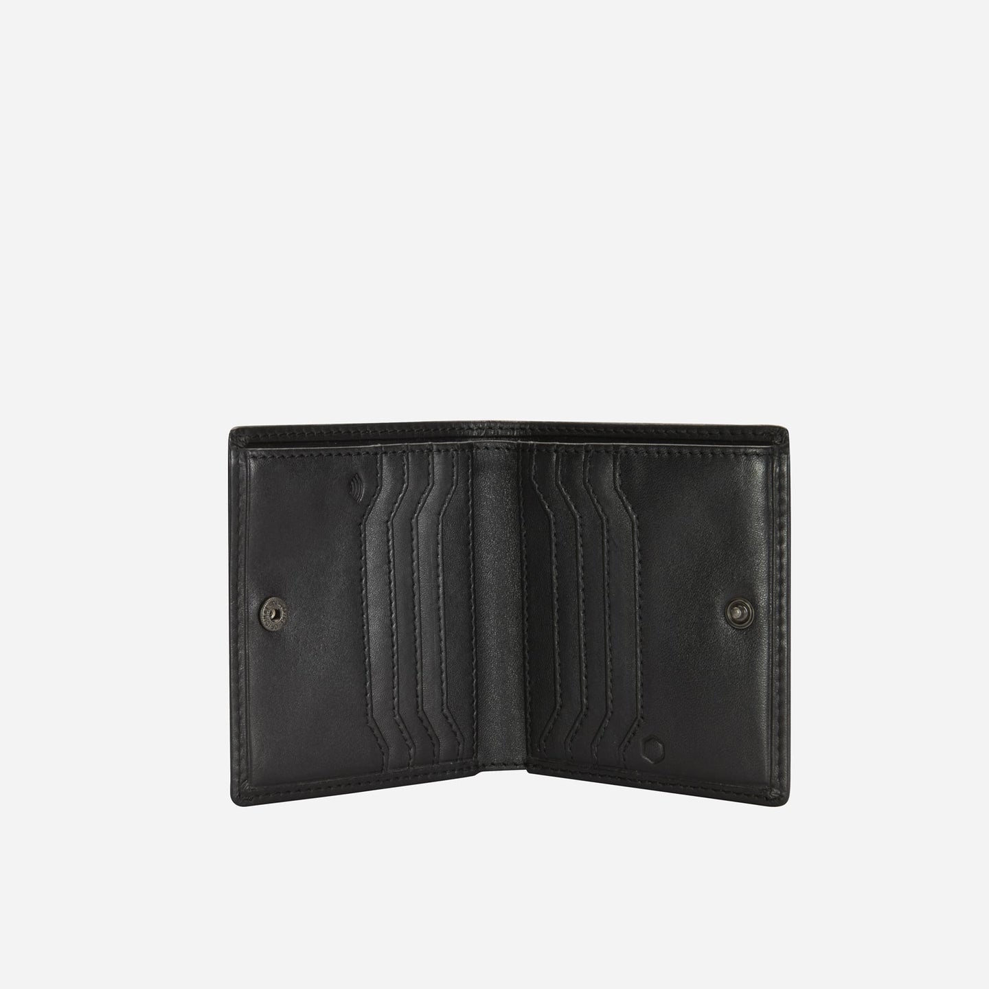 Jekyll and Hide - Slim Bifold Card Holder With Coin Purse - Black | Tan | Mocha interior view showing card slots and snap closure.