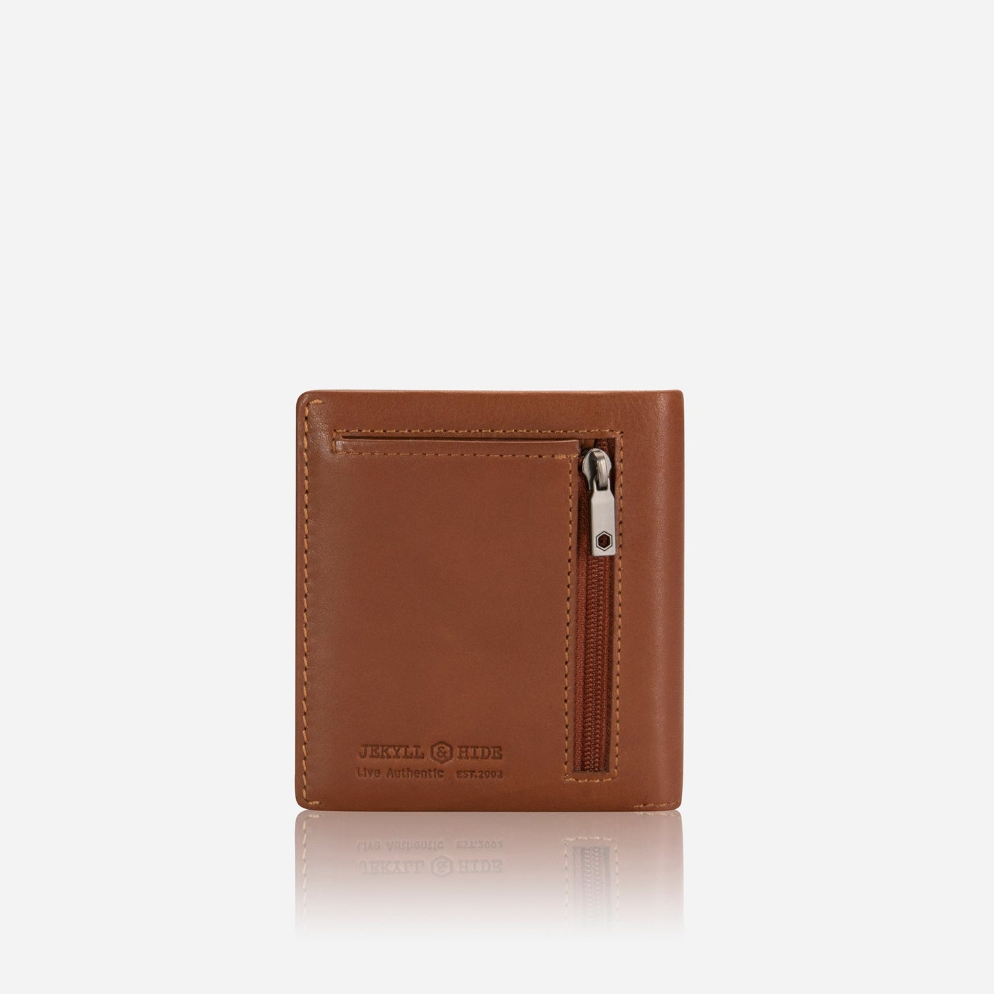 Jekyll and Hide - Slim Bifold Card Holder With Coin Purse - Black | Tan | Mocha in tan leather with external zipped pocket.