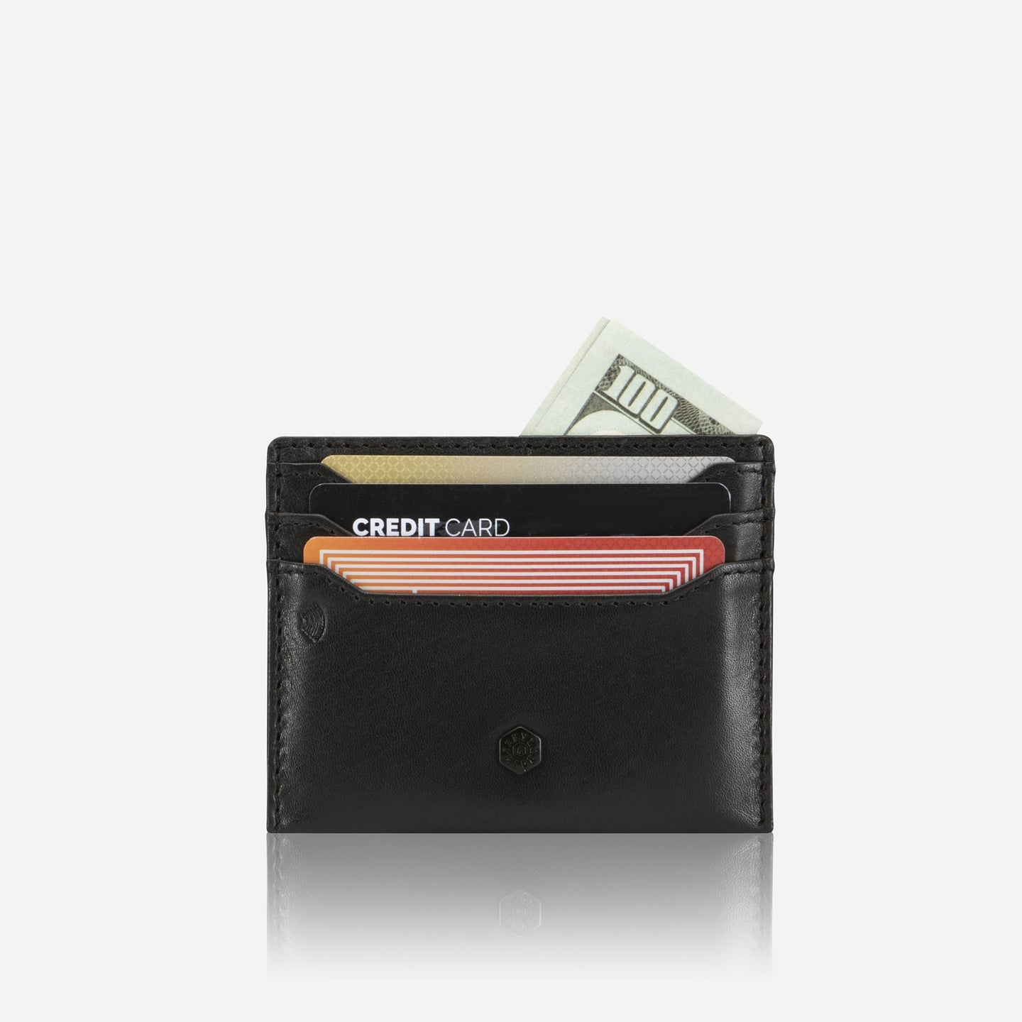Jekyll and Hide - Leather Card Holder - Black | Mocha | Tan showcasing RFID functionality with credit cards and cash.