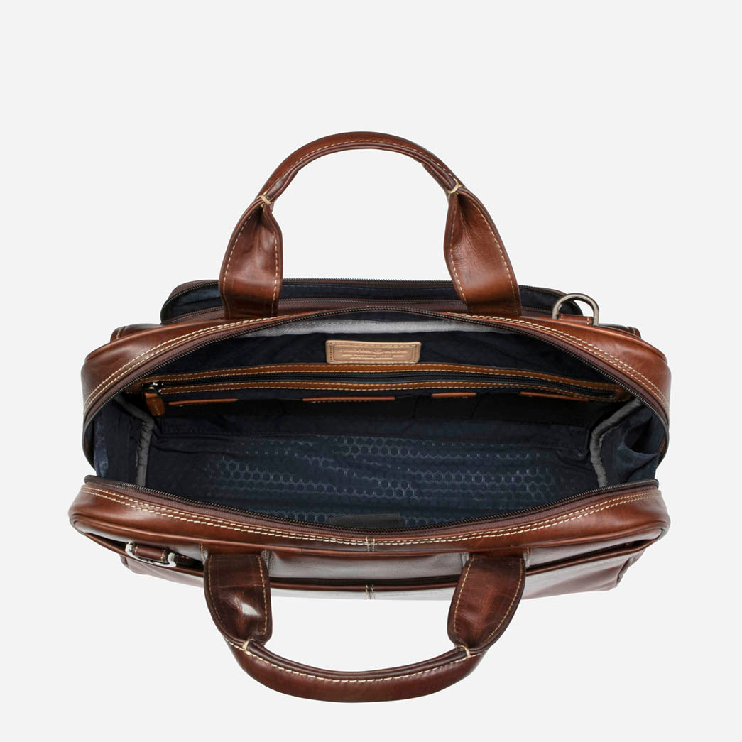 Jekyll and Hide - Large Multi Compartment Briefcase - Mocha | Colt - OVERSIZE PARCEL interior view showing spacious compartments.