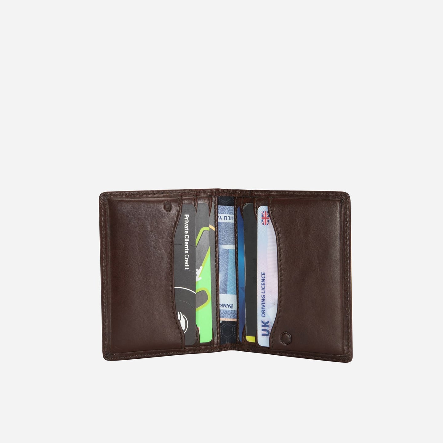 Jekyll and Hide - Slim Card Holder - Tan | Black | Mocca displayed open with card slots and hidden closure.