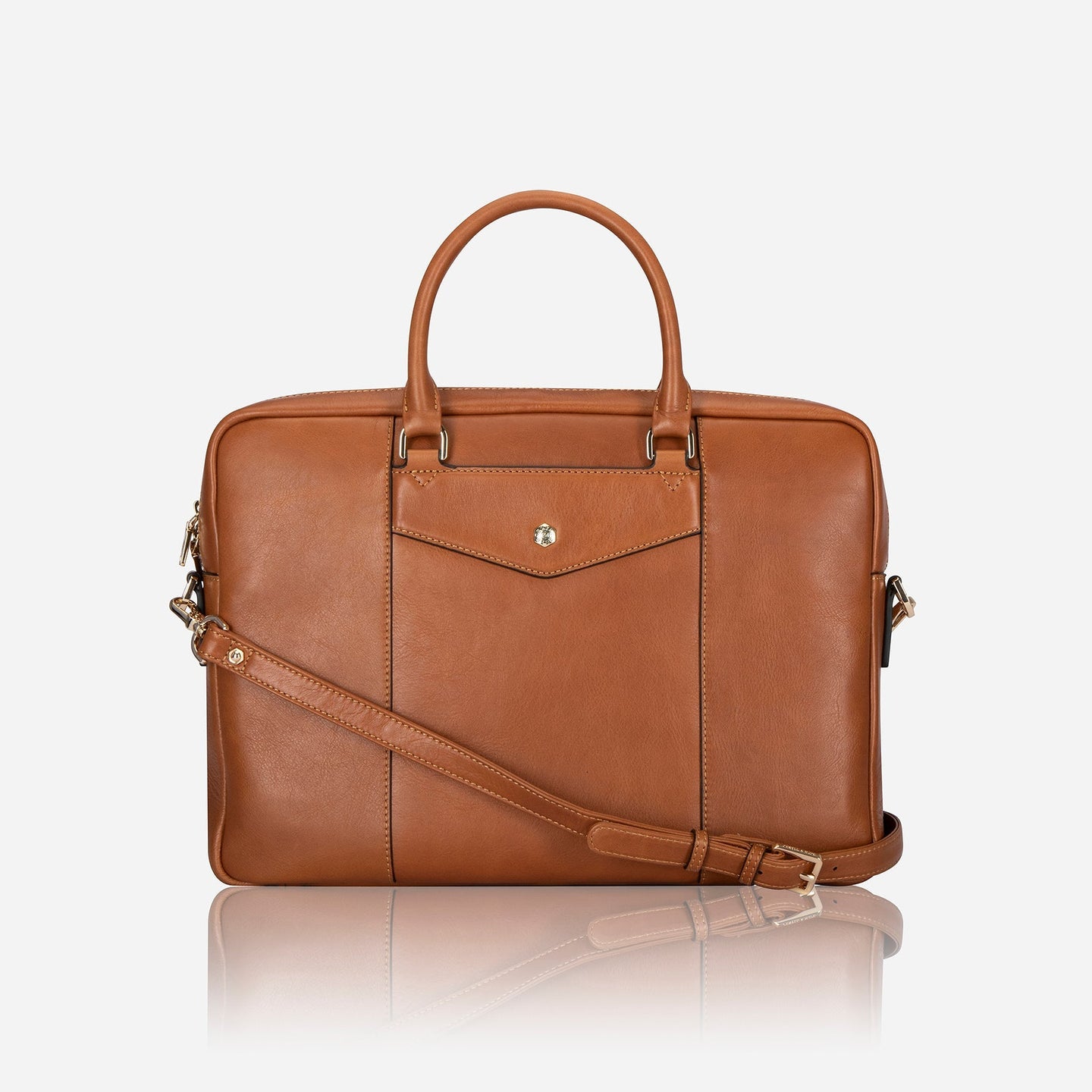 Jekyll and Hide - Ladies 13" Laptop Bag - Tan showcased in sleek tan leather with stylish handles and strap.