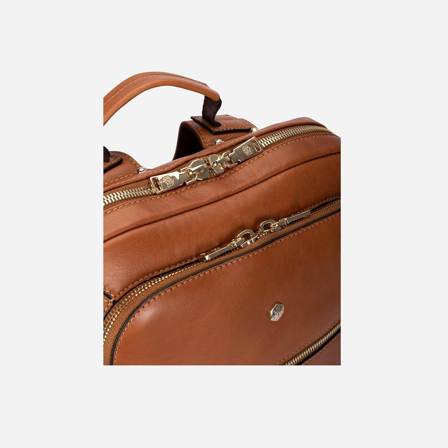 Close-up of Jekyll and Hide - Ladies Business Backpack 38cm - Black | Tan showing detailed zippers and pockets.