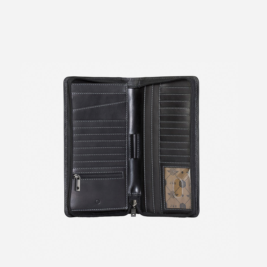 Jekyll and Hide - Large Zip-Around Travel And Passport Organiser - Tan | Mocha | Black interior view with card slots and zip compartment.