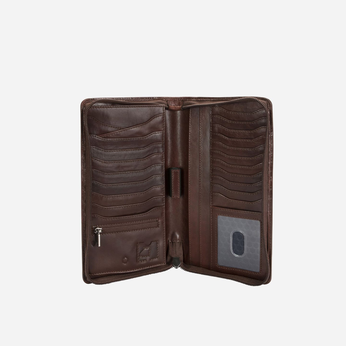 Jekyll and Hide - Large Zip-Around Travel And Passport Organiser - Tan | Mocha | Black interior view showing card slots and zip compartment.