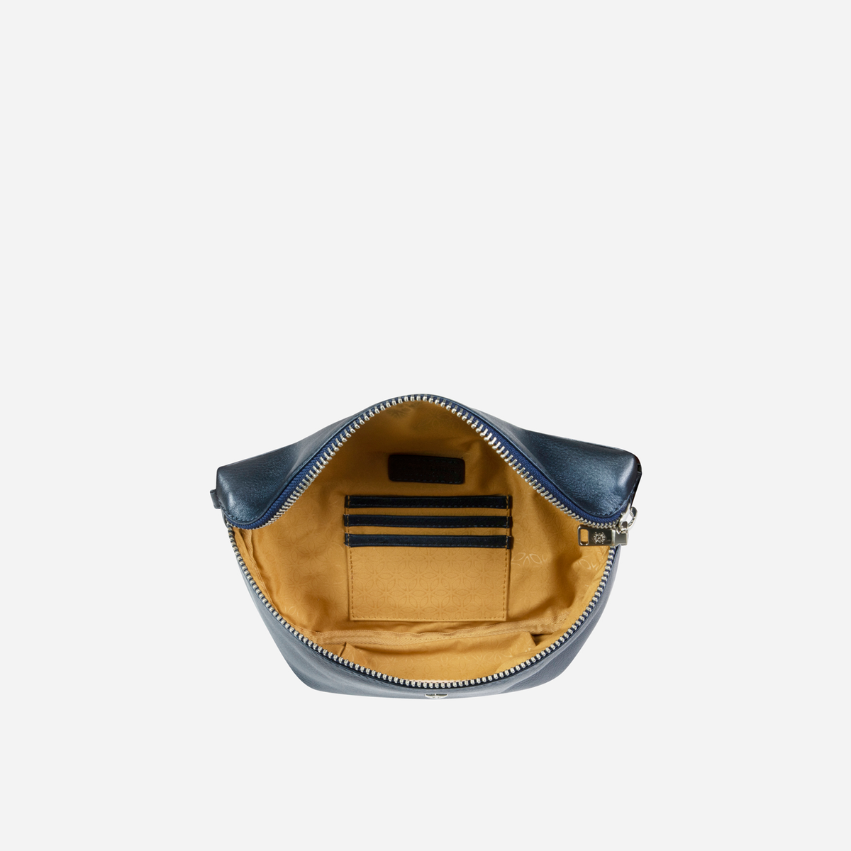 Inside view of the Jekyll and Hide - Womens Osaka Slim Leather Waist Bag - Tan and Multiple Colours, showcasing compartments.