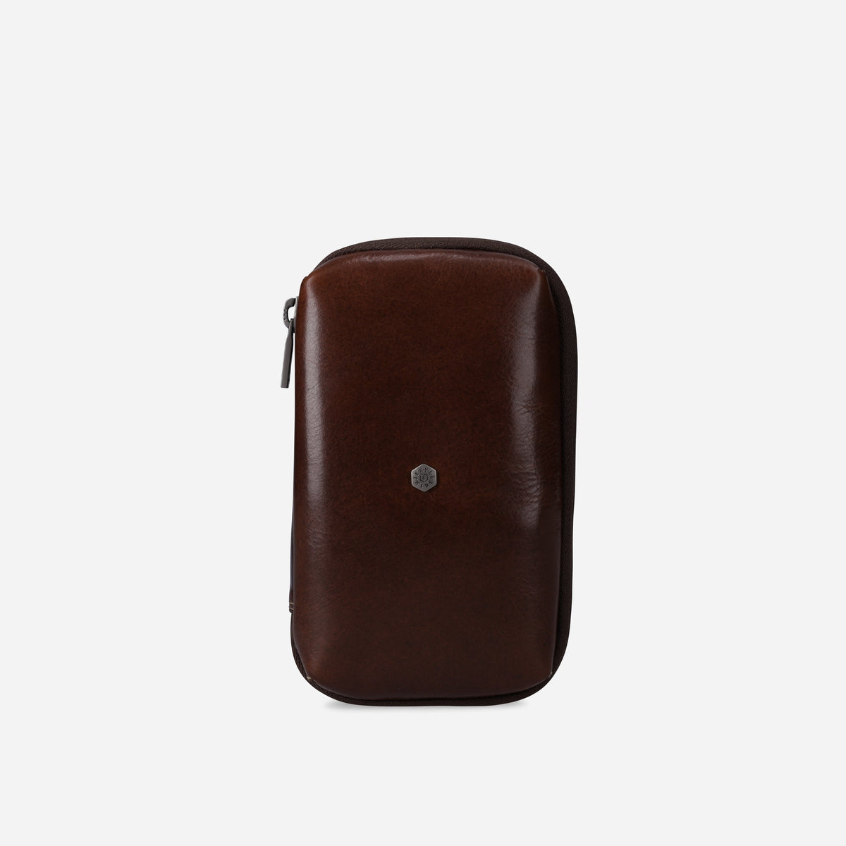 Jekyll and Hide - Compact Zip Around Cable Pouch - Tan | Black | Mocha in dark brown leather finish.