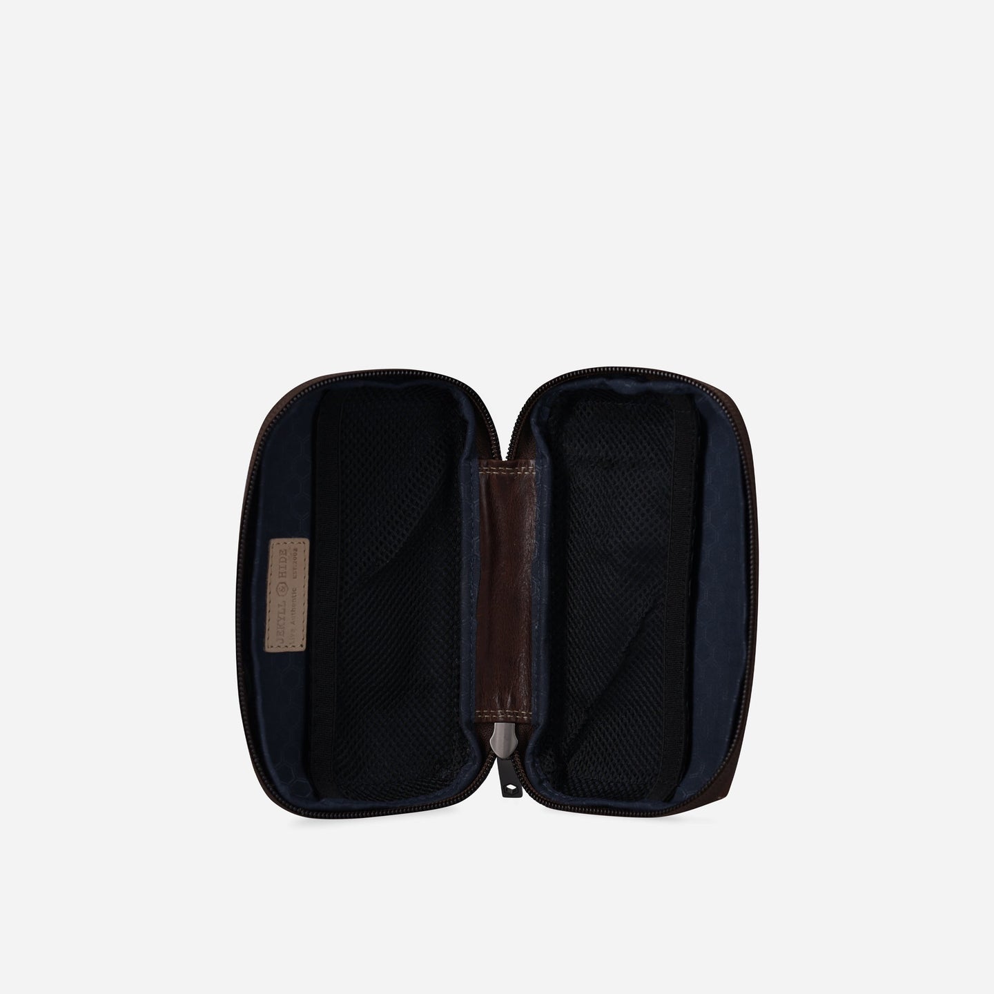 Jekyll and Hide - Compact Zip Around Cable Pouch - Tan | Black | Mocha opened view showcasing organization features.