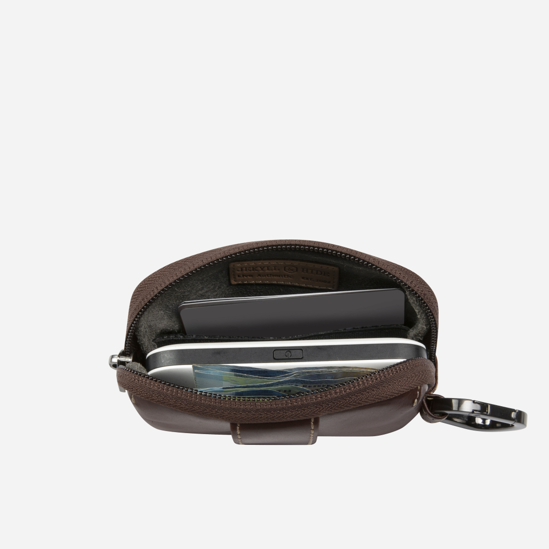 Jekyll and Hide - Men's Utility Pouch - Black | Mocha open view showcasing organized space for cards and batteries.
