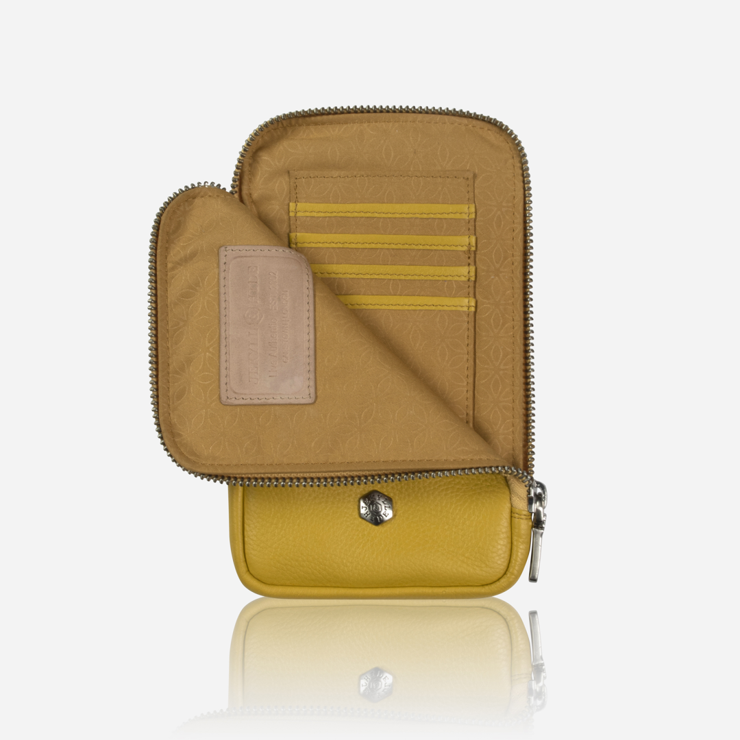 Jekyll and Hide - Mobile Phone Pouch With Strap - Black | Tan | Multiple Colours, yellow leather pouch with card slots.