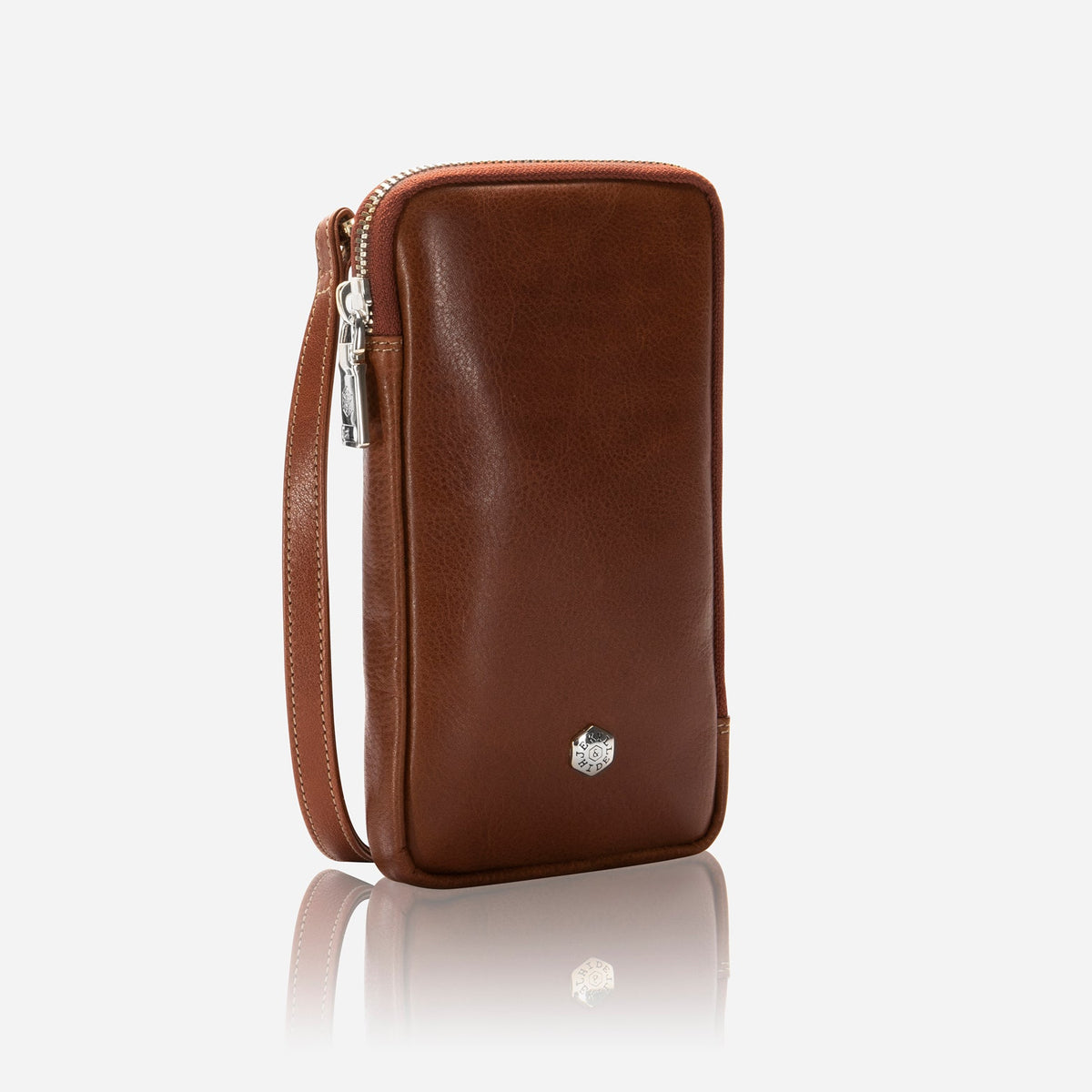 Jekyll and Hide - Mobile Phone Pouch With Strap - Black | Tan | Multiple Colours in brown leather with zipper detail.