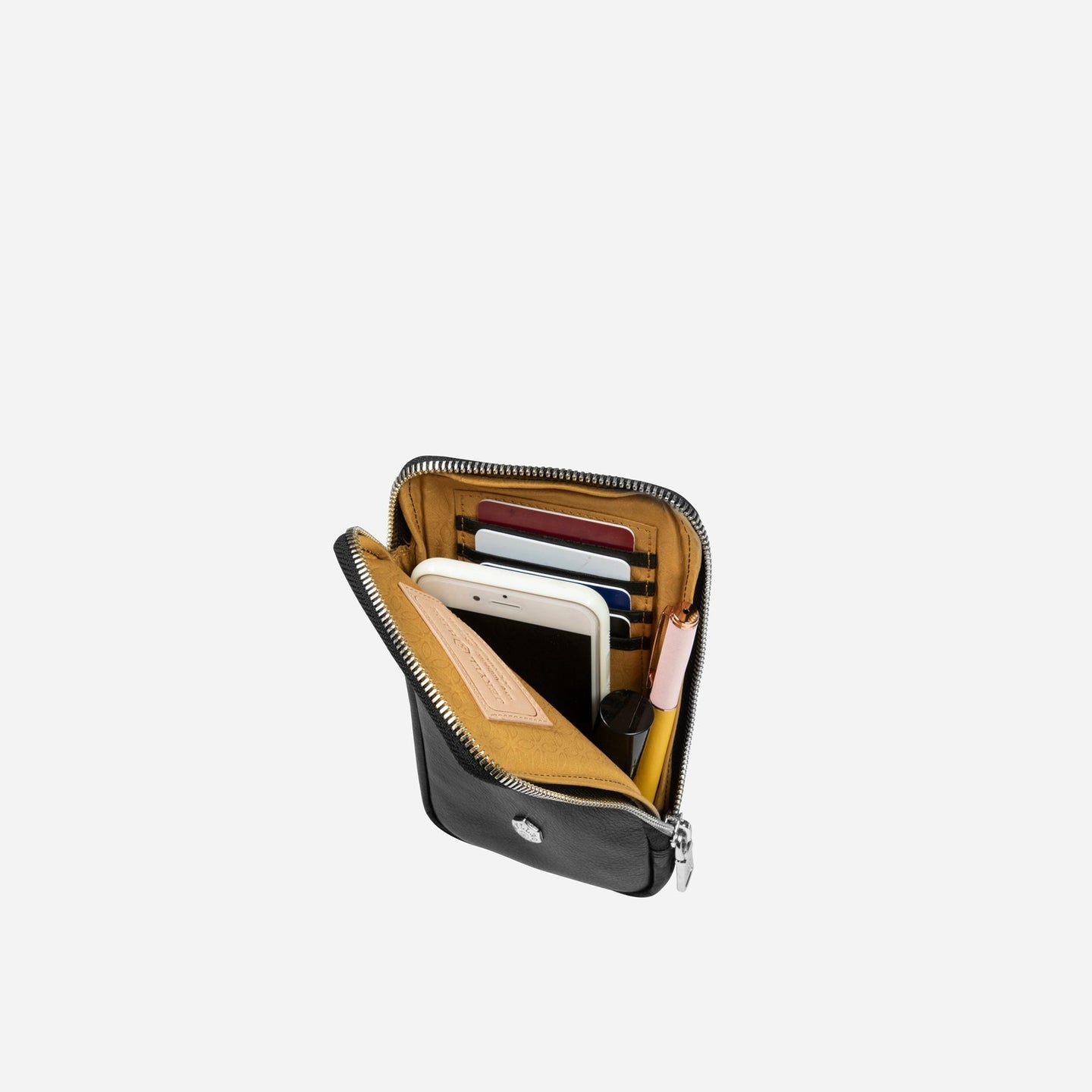 Jekyll and Hide - Mobile Phone Pouch With Strap - Black | Tan | Multiple Colours showcasing a stylish open design with phones and cards.