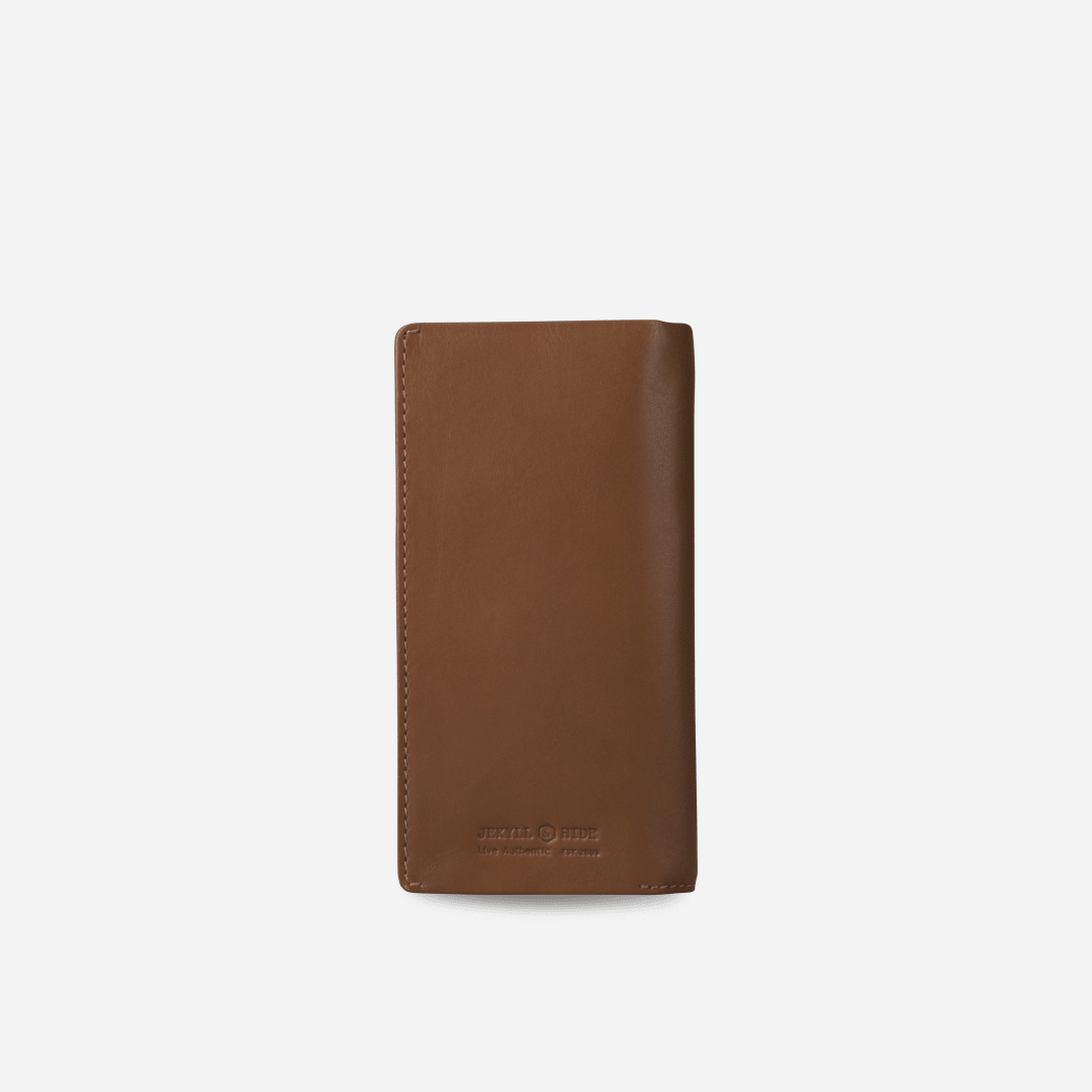 Jekyll and Hide - Large Travel And Mobile Wallet - Tan | Mocha | Black, slim leather wallet showcasing its sleek design.
