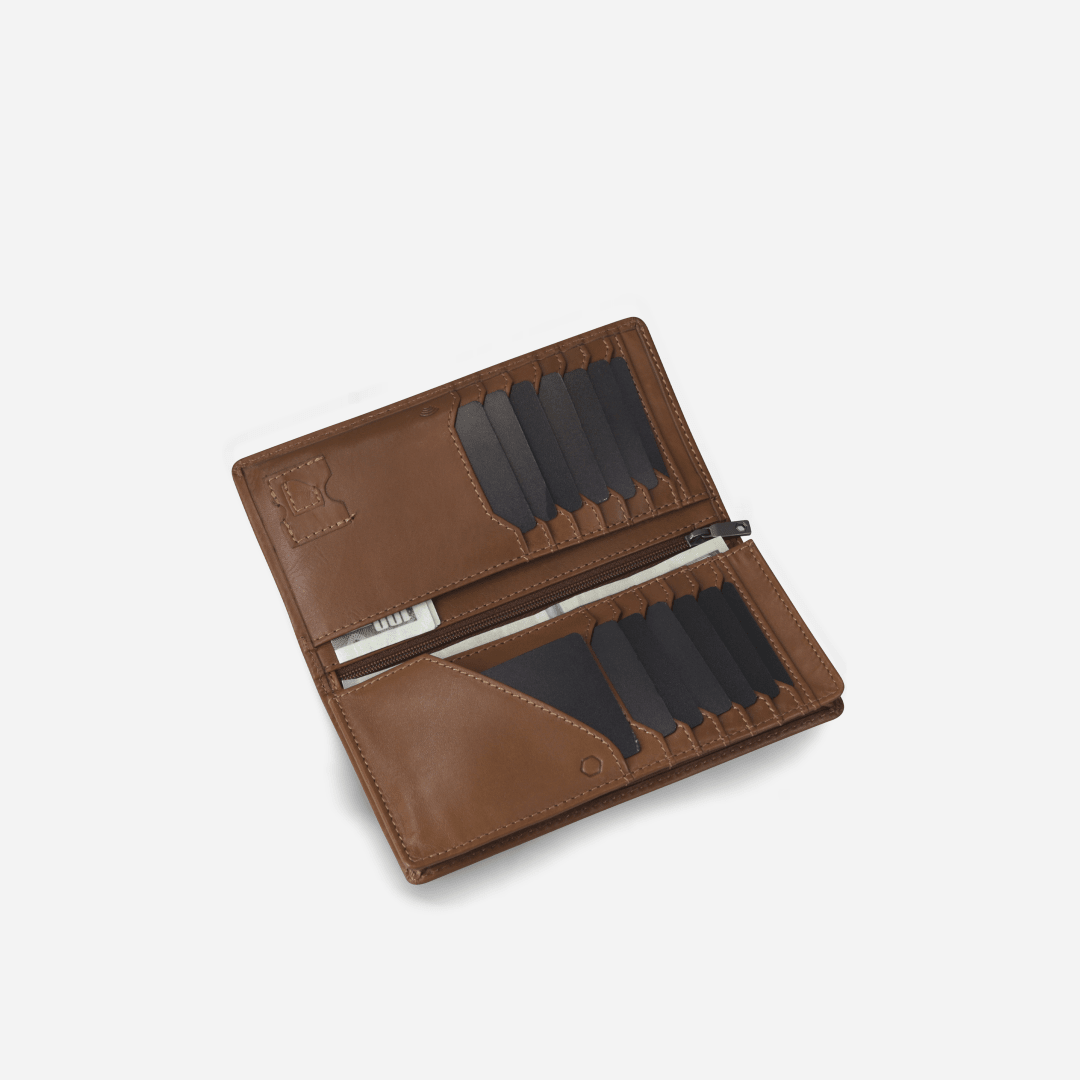 Jekyll and Hide - Large Travel And Mobile Wallet - Tan | Mocha | Black interior showing card slots and zipper compartment.