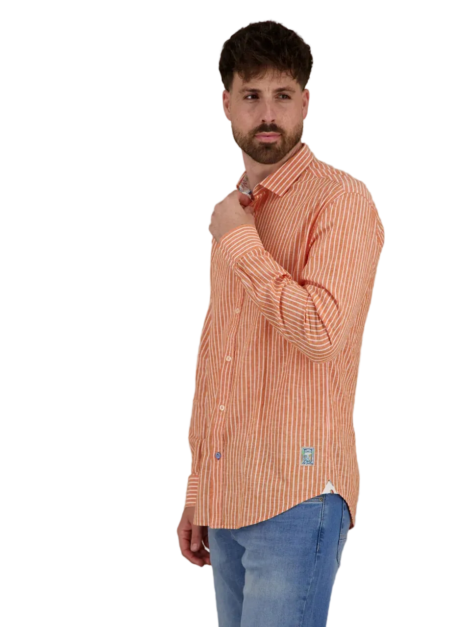 A Fish Named Fred - LS Stripe Linen Shirt - Orange/White