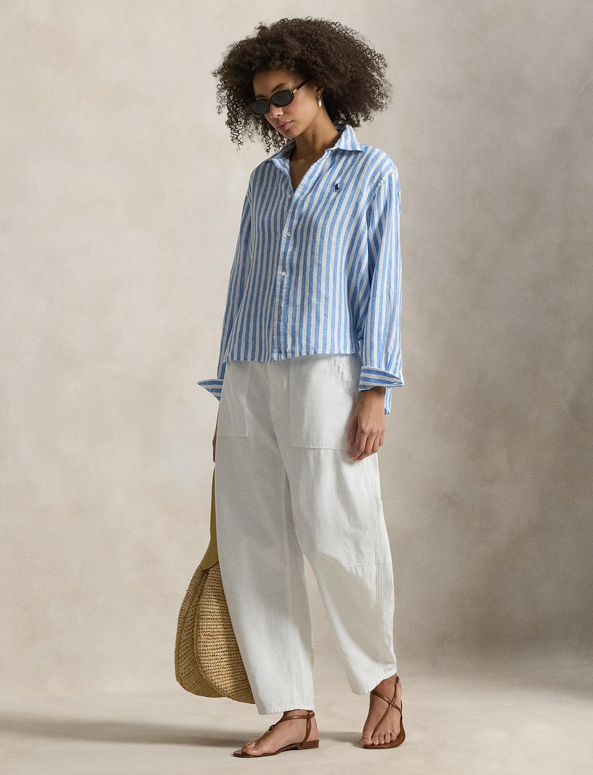 Polo Ralph Lauren - Wide-Cropped, Relaxed Fit Linen Shirt - Stripe - Blue & White