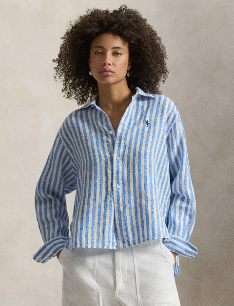 Polo Ralph Lauren - Wide-Cropped, Relaxed Fit Linen Shirt - Stripe - Blue & White