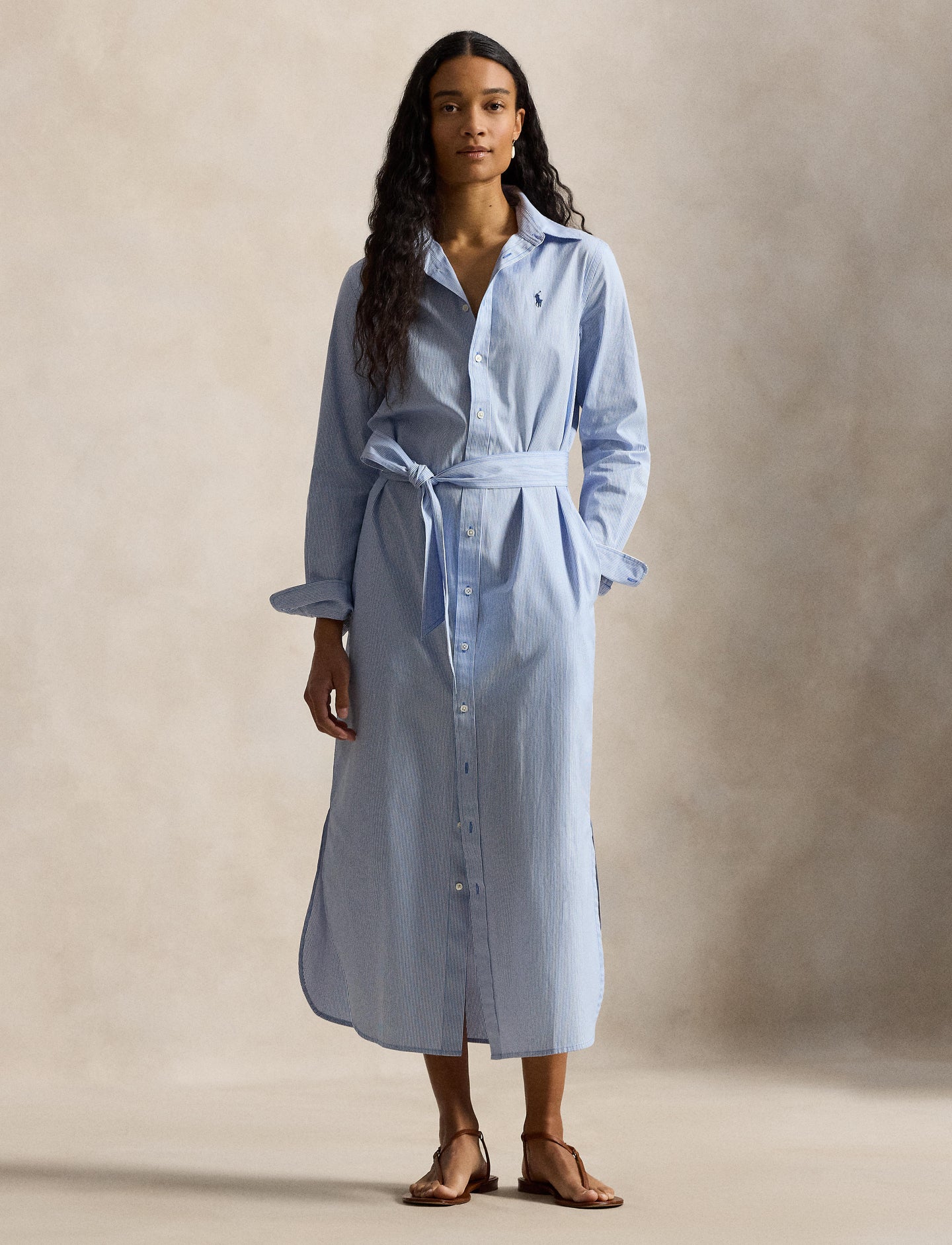 Polo Ralph Laruen - Belted Striped Cotton Shirtdress - Medium Blue & White