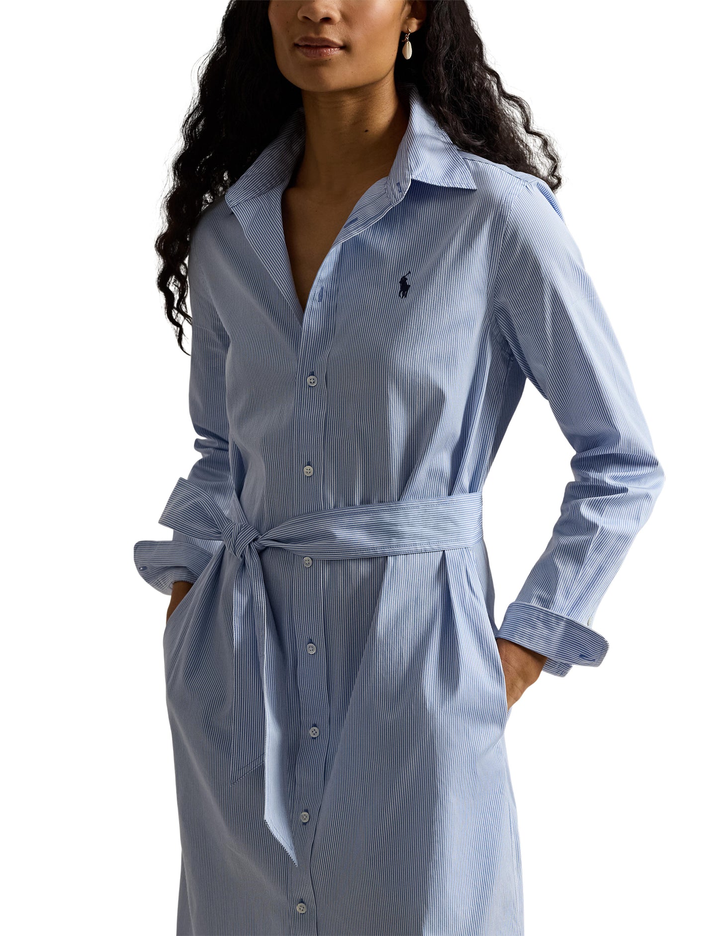 Polo Ralph Laruen - Belted Striped Cotton Shirtdress - Medium Blue & White