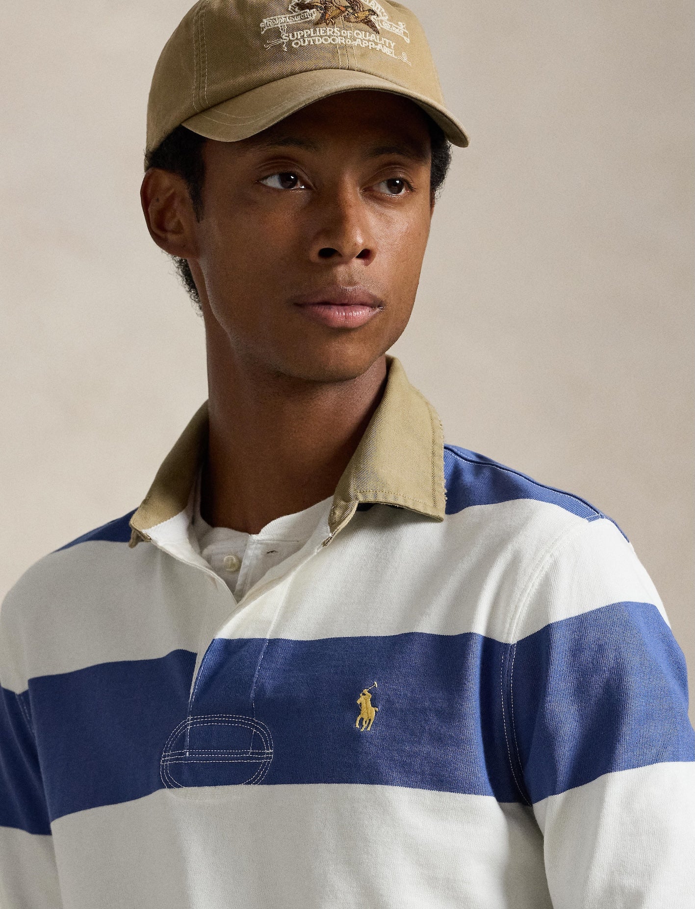 Polo Ralph Lauren - Knit Rugby Shirt - Khaki-Collar - Stripped - White/Blue