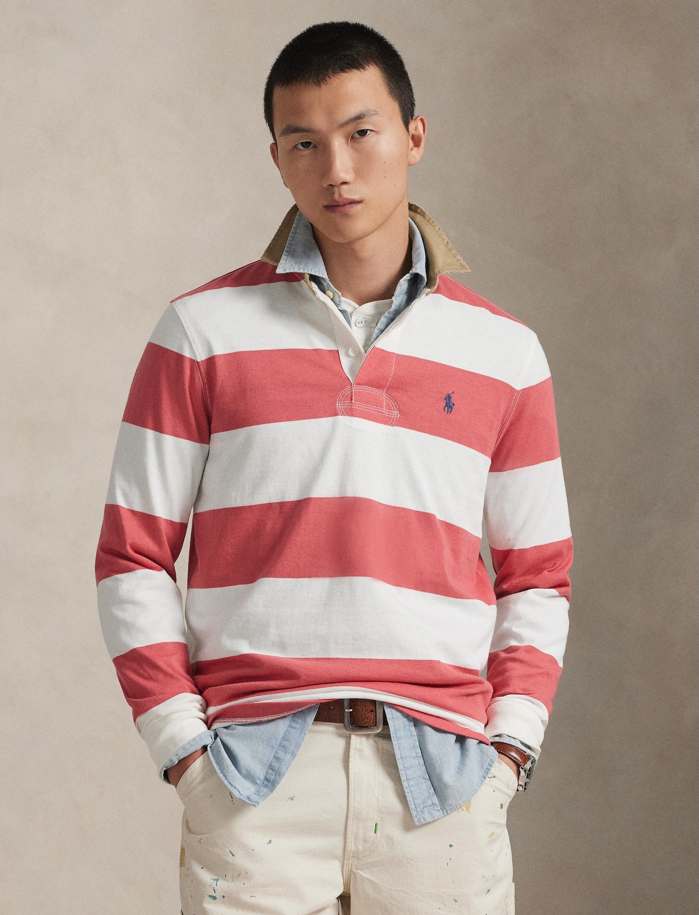 Polo Ralph Lauren - Knit Rugby Shirt - Khaki-Collar - Striped - Red/White