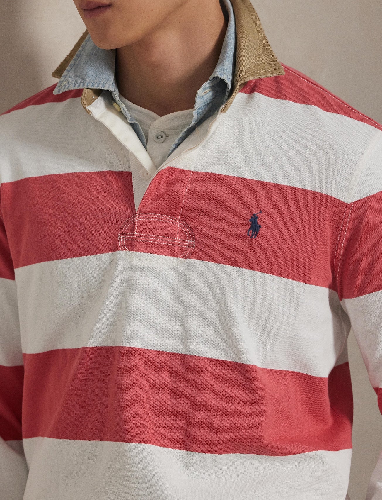 Polo Ralph Lauren - Knit Rugby Shirt - Khaki-Collar - Striped - Red/White