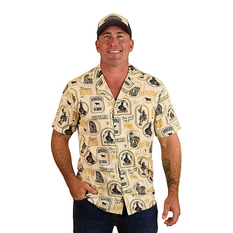Ringers Western - Aint My First Rumbo Pub Shirt - Off White displayed on a model featuring a Rumbo inspired print.