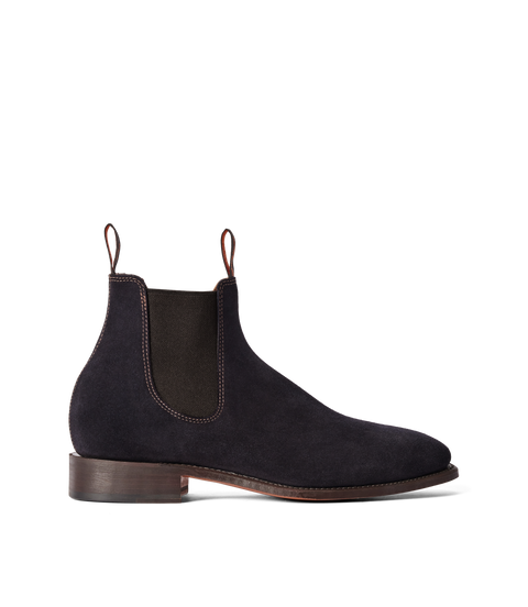 R.M.Williams - Heritage Craftsman Boot - Collector's Edition - Suede - Dark Navy - G Fit side view of the boot.