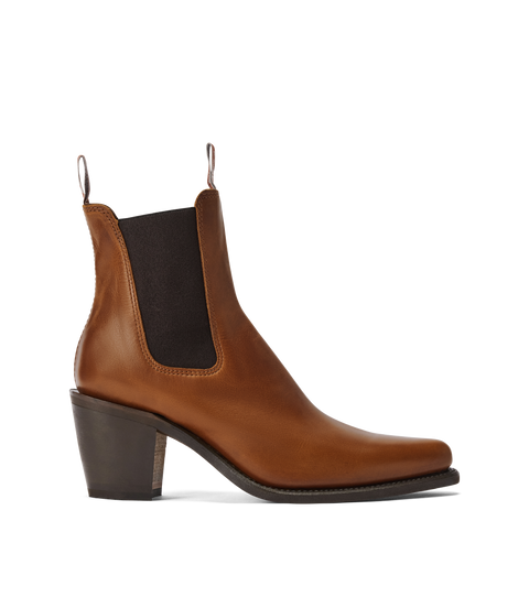 R.M.Williams - Maya Boot - Pull Up Leather - Tan - D Fit side view showcasing pointed toe and block heel design.