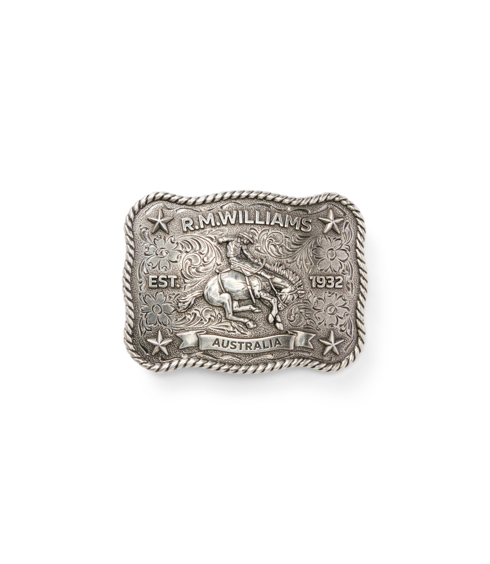 R.M.Williams - Cloudbuster Trophy Belt Buckle - Antique Silver Finish with intricate design and rope edge detail