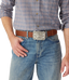 R.M.Williams - Cloudbuster Trophy Belt Buckle - Antique Silver Finish worn with a brown belt on a man in a checked shirt.