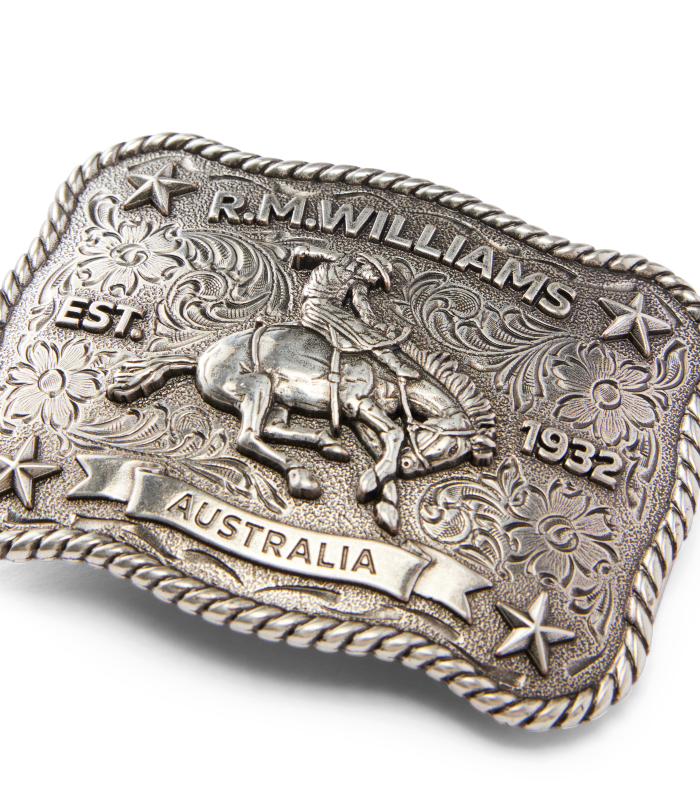 R.M.Williams - Cloudbuster Trophy Belt Buckle - Antique Silver Finish featuring a horse design and intricate details.