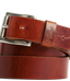 A close-up of a brown leather belt with a silver-tone buckle, showing the textured leather, a keeper loop embossed with 'St. Louis', and 'STANLEY RARROE' engraved on the buckle.