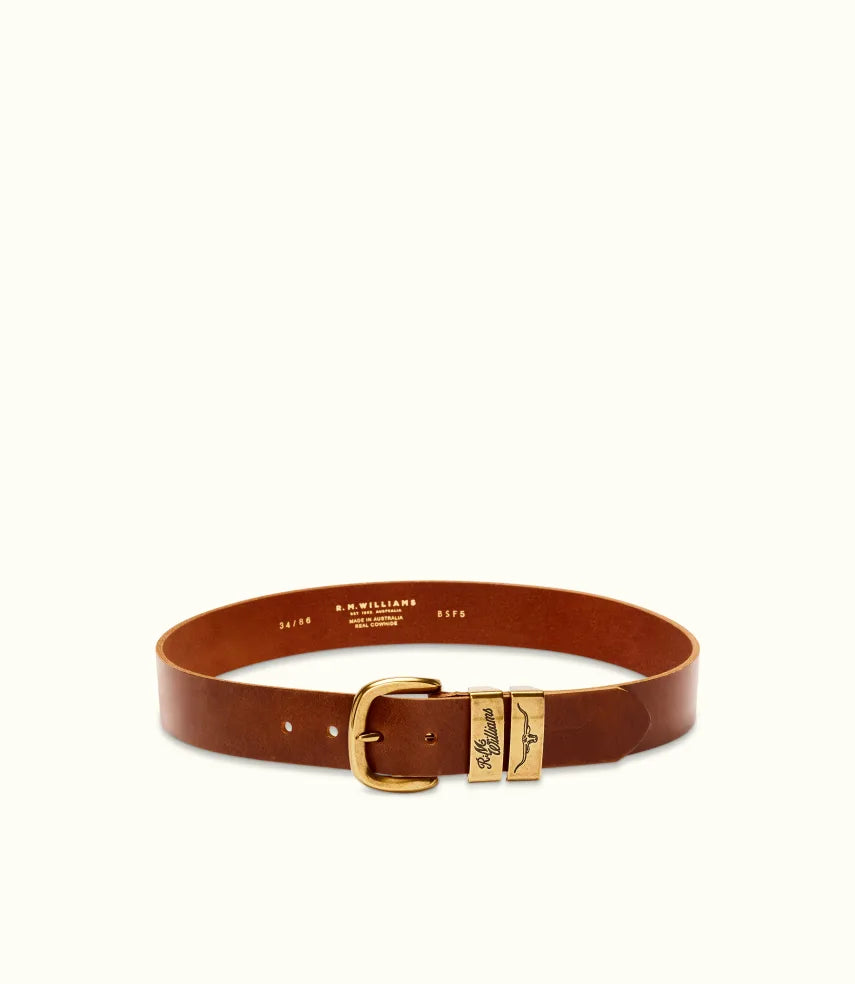 R.M.Williams - Drover Belt - Antique Brass Hardware - Caramel