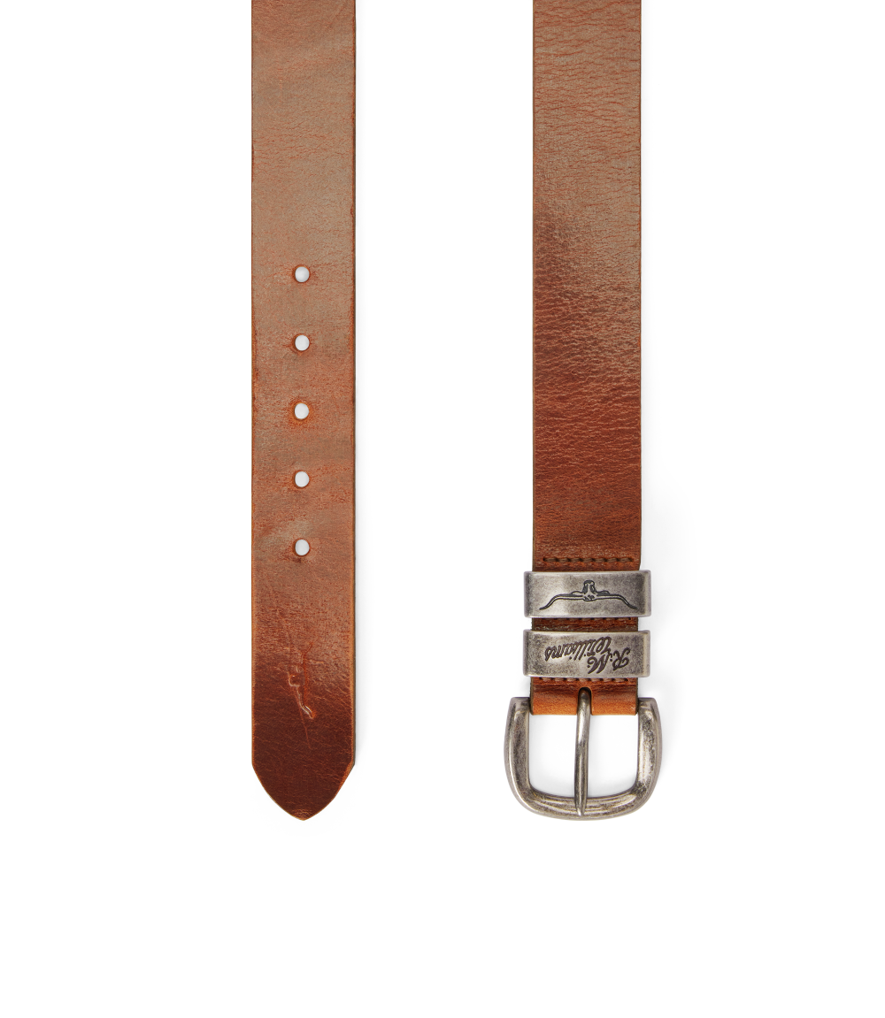 R.M.Williams - Drover Belt - Dark Bronze Hardware - Mid Brown showing premium pull-up leather and dark bronze buckle.
