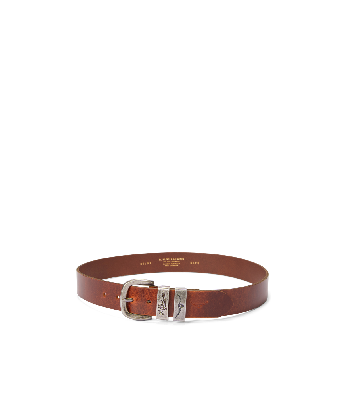 R.M.Williams - Drover Belt - Dark Bronze Hardware - Mid Brown showcasing premium leather and double keeper buckle.