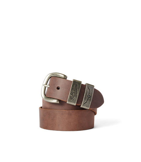 R.M.Williams - Drover Belt - Antique Nickel Hardware - Bark, featuring vintage-inspired hardware and crafted from quality leather.