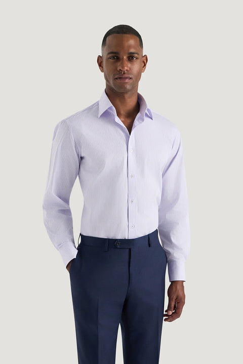 M.J. Bale - Beecher Shirt - Lilac - MULTIBUY worn by a model, showcasing its double-stripe design and slim fit silhouette.