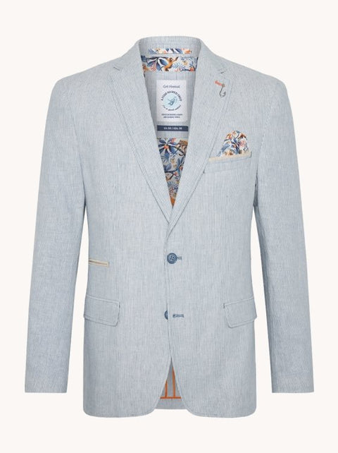 A Fish Named Fred - Linen Blazer - Stripe - Blue & White featuring a tailored fit and playful printed lining.