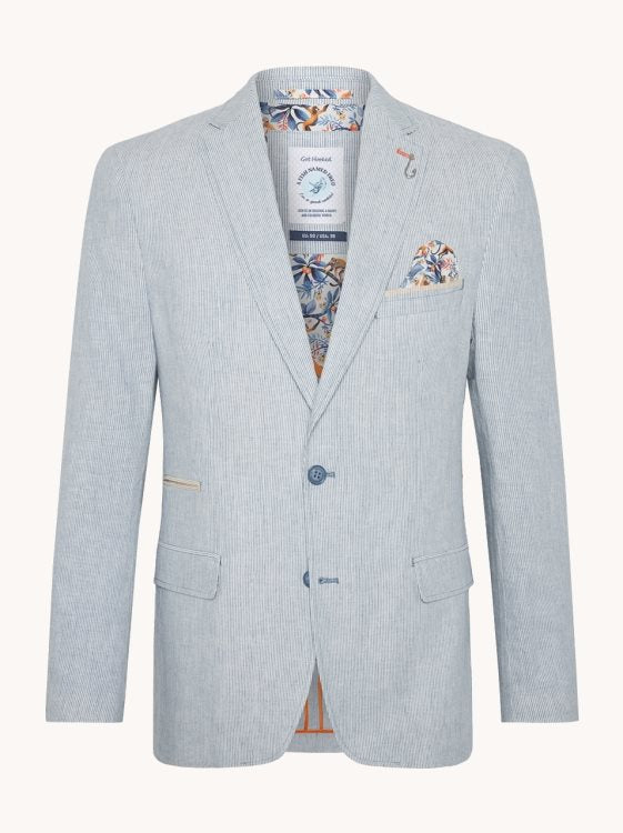 A Fish Named Fred - Linen Blazer - Stripe - Blue & White featuring a tailored fit and playful printed lining.