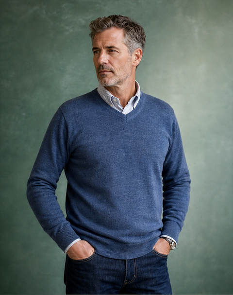 Ansett Clothing - Superwash V Neck Wool Jumper - Denim
