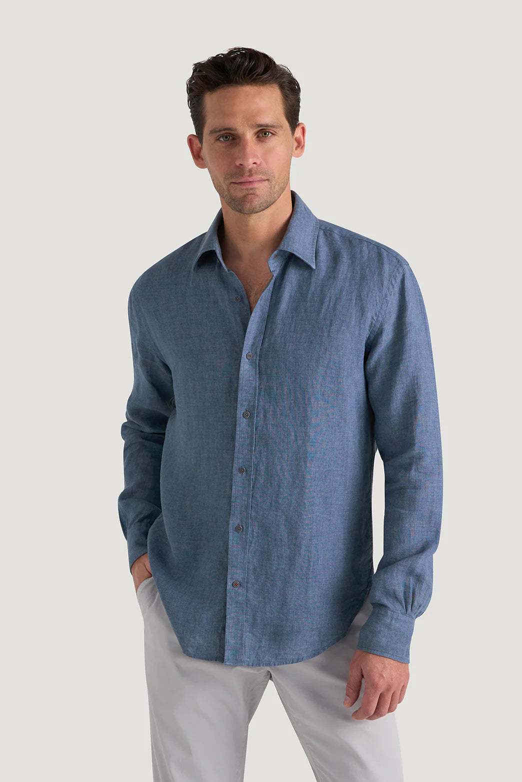 M.J. Bale - Bradfield Linen Shirt - Coastal Indigo - MULTIBUY displayed on a male model in casual attire.