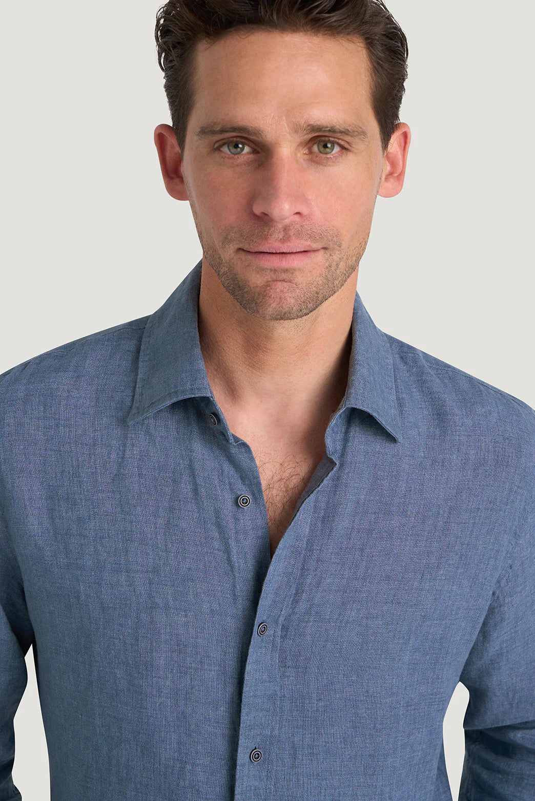 M.J. Bale - Bradfield Linen Shirt - Coastal Indigo - MULTIBUY model showcasing the premium linen fabric and casual fit.